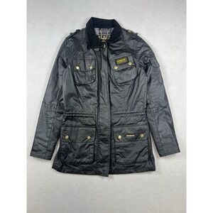 Barbour International Speedway Jacket Womens 8 Black Waxed Cotton Tartan Lined